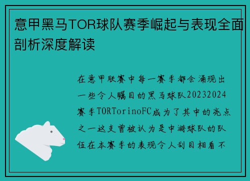 意甲黑马TOR球队赛季崛起与表现全面剖析深度解读